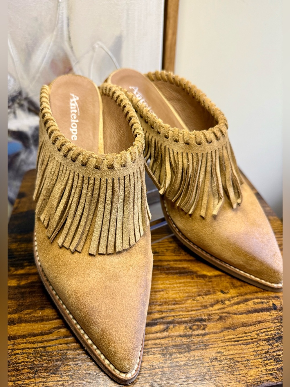 Antelope Tan Suede Fringe Pointed Mule Slides